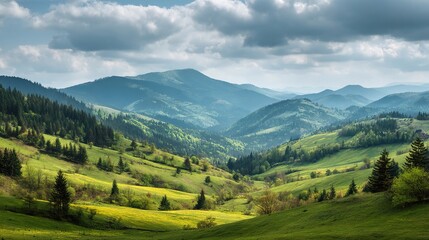 Naklejka premium Serene Rolling Hills with Distant Mountain Ridge Under Sunny Sky