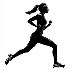 female runner silhouette , black and white illustration isolated on white background
