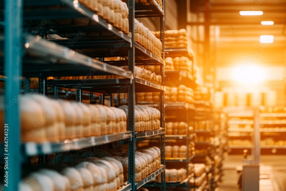Poster A bread rack displays an array of fresh loaves, illuminated by warm light that accentuates the textures and colors, creating a cozy and inviting atmosphere