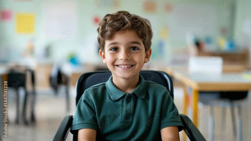 Poster happy child with curly hair smiling in colorful classroom, enjoying warm and inviting learning envir