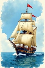 Two-masted sailing ship, vintage style, watercolor wash , antique, fine art, adventure