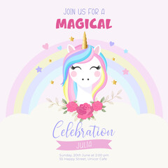 : Cute unicorn birthday invitation template with roses. Vector design perfect for magical kids' party, baby shower or celebration. Editable and ideal for print or digital use