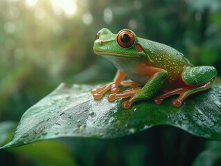 Fototapeta premium Vibrant rainforest habitat showing a whimsical tree frog resting on a lush green leaf in morning light