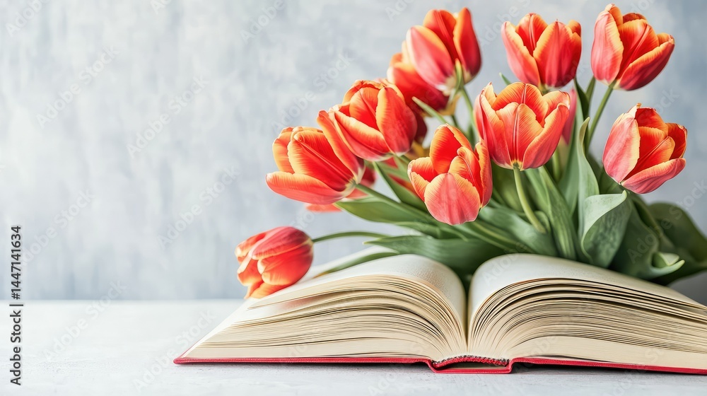 Poster red tulip bouquet emerging from the pages of open books stacked neatly on a white table