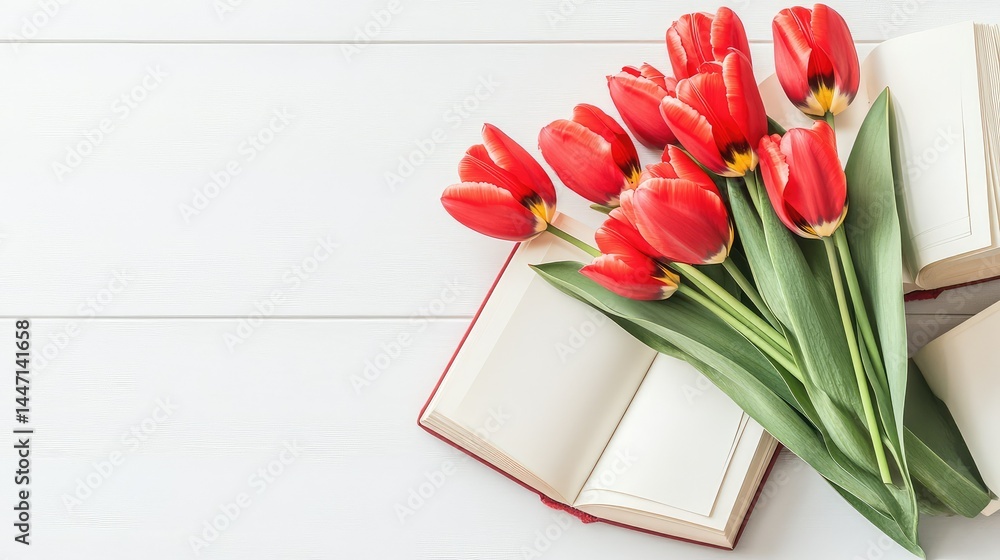 Aufkleber red tulip bouquet emerging from the pages of open books stacked neatly on a white table