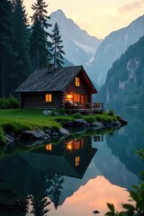 Obraz premium Warm light spills across cozy cabin, still lake reflects dawn , image, warm light, photography