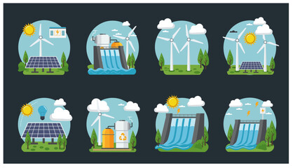 Renewable Energy Icons Vector Set in Circular Design