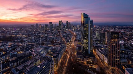 Fototapeta premium Aerial Dusk Panorama of Frankfurt City with High-Resolution Detail