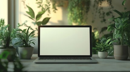 Fototapeta premium Invigorating Workspace: A Modern Laptop Amidst Lush Greenery and Natural Light, Promoting Calm Productivity and a Serene Digital Environment
