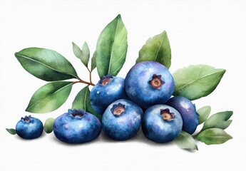 Watercolor illustration of fresh blueberries with leaves Lush, vibrant depiction of ripe, healthy berries