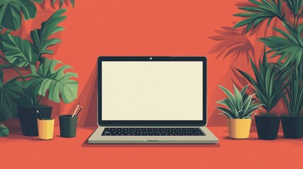 Fototapeta premium Modern Desk Setup with Laptop Surrounded by Tropical Plants and Warm Color Palette creating a cozy and productive digital workspace atmosphere