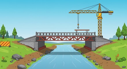 Building Bridge Illustration with Crane Over River in Nature