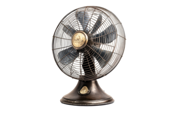 Dark-toned, vintage table fan with intricate metal blades and a circular base, displayed against a dark background.