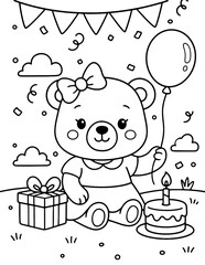 Naklejka premium A teddy bear girl at a birthday party – fun and easy printable coloring page for kids, toddlers and preschoolers – black and white line art, 8.5x11 inch letter size, ready to print and color
