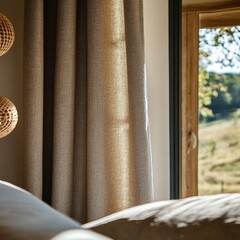 Natural light streams through beige curtains in a cozy bedroom  Tranquil view beyond
