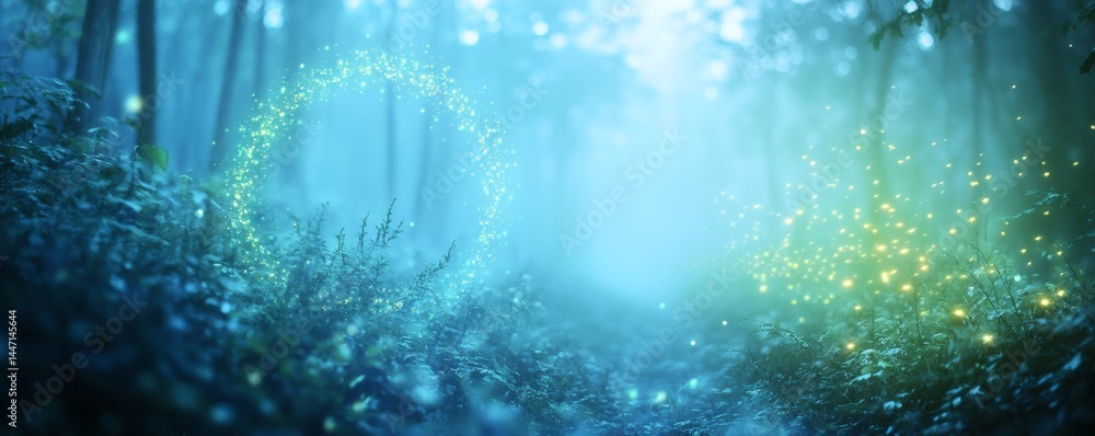 Poster a mystical forest path illuminated with sparkling orbs and light