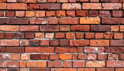 Fototapeta premium Rustic red and brown brick wall featuring variety of textures and colors, creating warm and inviting atmosphere. unique patterns and tones add character to any space