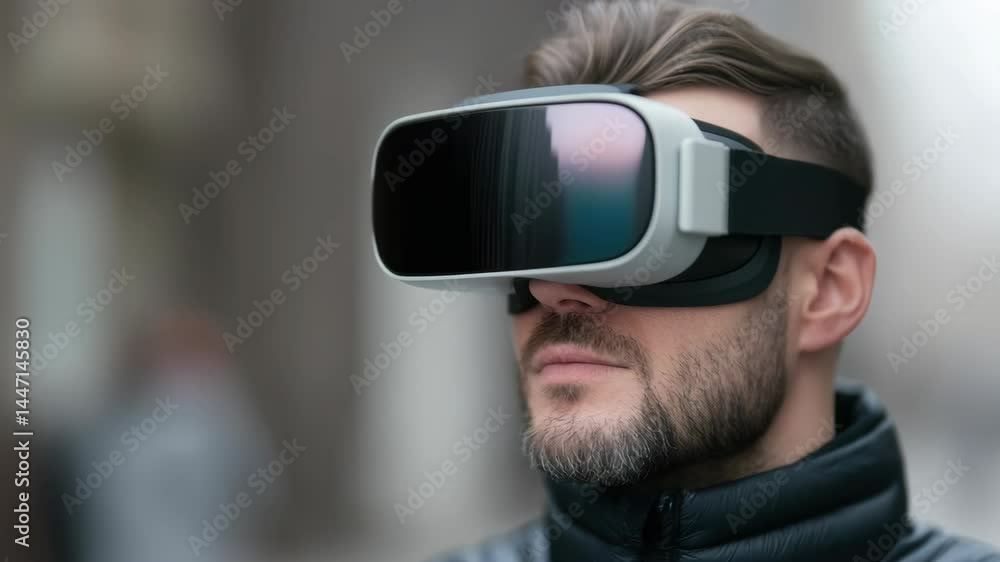 Poster immersive exploration of modern virtual reality technology with man in sleek vr headset, igniting cu