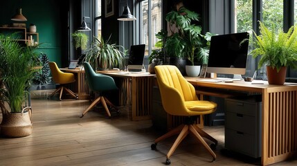 Fototapeta premium Calm modern workspace with vibrant chairs and lush plants in office