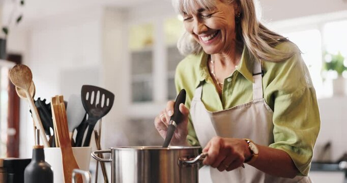 Cooking, smell and pot with old woman in kitchen for food recipe, nutrition and healthy diet. Meal prep, dinner planning and retirement with senior person and stir at home for aroma, dish or hunger