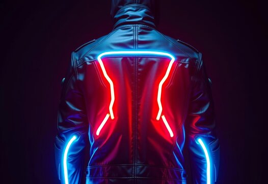 Cyberpunk biker jacket with glowing LED accents, empty background, minimalist, edgy