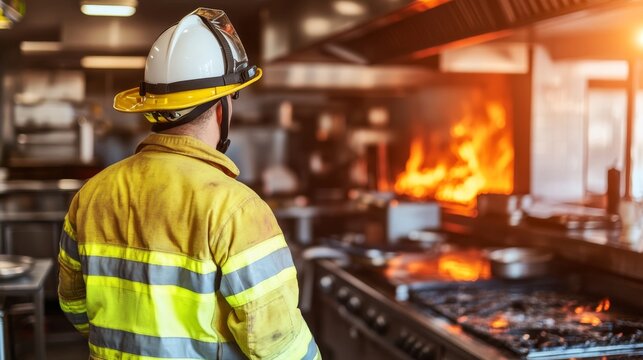 Firefighter in full gear surveys extensive damage in a smoke-filled restaurant kitchen, with charred counters and cooking equipment after a fire