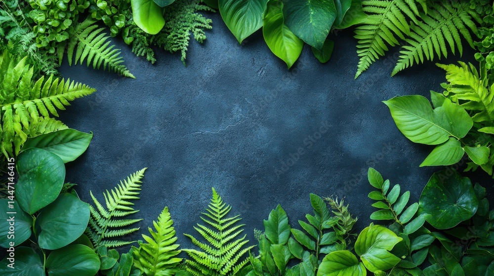 Poster exuberant foliage displayed around a mottled surface with room for text