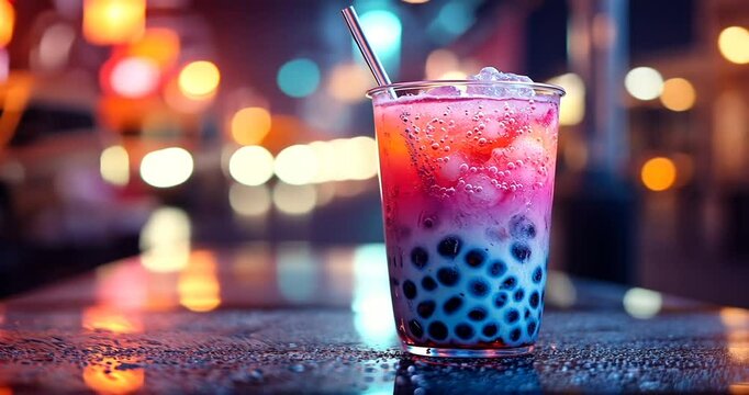 Colorful bubble tea drink with a straw on a wet table, illuminated by vibrant city lights at night