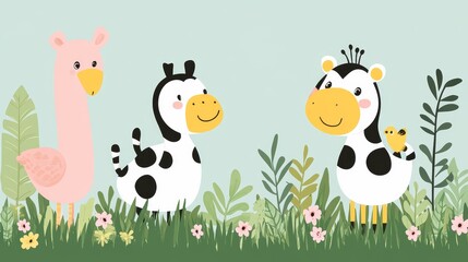 Naklejka premium Charming pixelated farm animal illustration with llama cow and calf on a lush meadow backdrop for children's books invitations and decorations