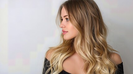 Naklejka premium Young woman with soft balayage highlights shows her long, wavy blond hair cascading gracefully in natural light against a white background.