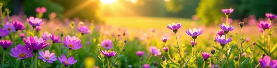 Fototapeta premium Purple and pink wildflowers carpet a sun-drenched meadow , landscape, bloom, scenery