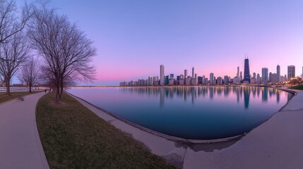 Fototapeta premium Panoramic view of a city skyline reflecting on calm water at dawn
