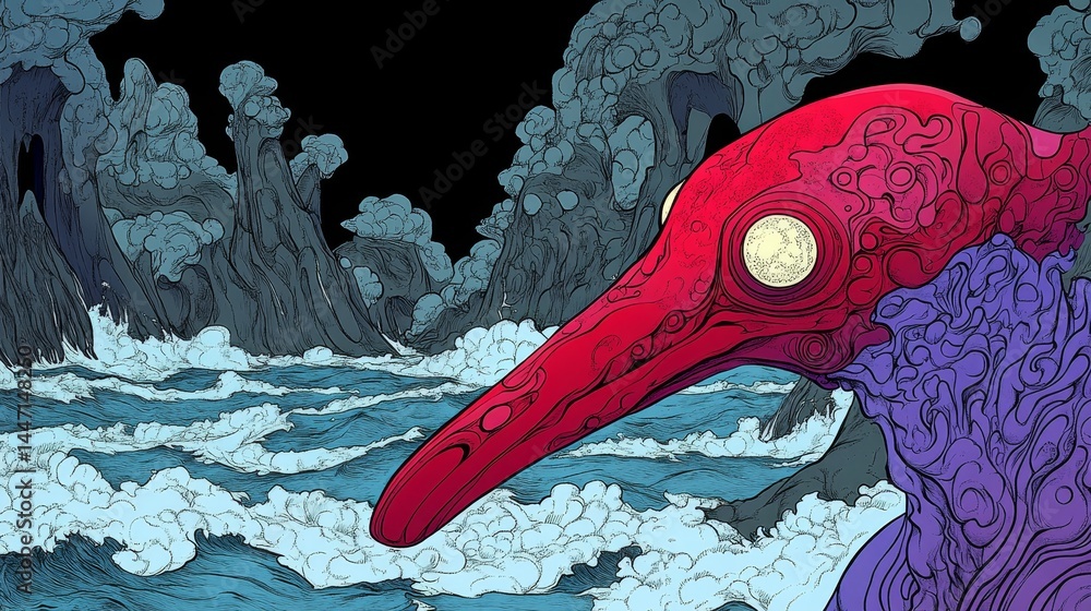 Poster digital rendering showcasing a stylized avian-like character against an enigmatic backdrop evoking o