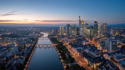 Fototapeta premium High Resolution Aerial Panorama of Frankfurt City at Dusk