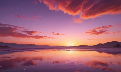 Fototapeta premium Blazing sunset, a canvas of pink, orange, and purple, meets the tranquil horizon , purple, beautiful