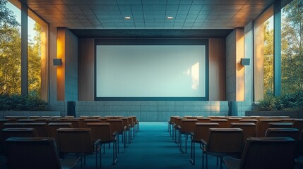 Contemporary Auditorium Setting with Blank Screen and Natural Light Integration, Ideal for Presentations and Events