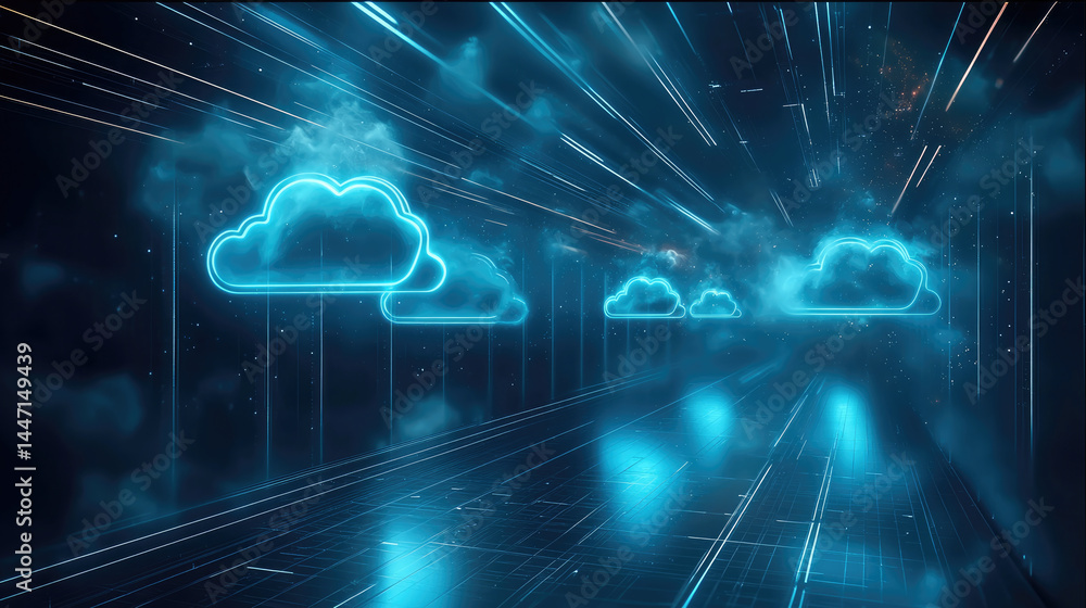 Leinwandbilder Futuristic glowing cloud icons float in digital corridor, representing advanced cloud computing technology, data storage, and fast network connections in high tech environment