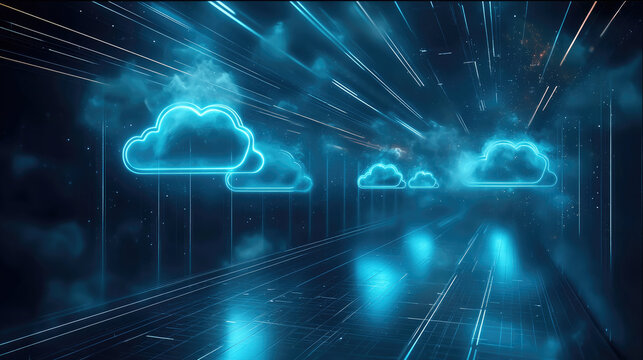 Futuristic glowing cloud icons float in digital corridor, representing advanced cloud computing technology, data storage, and fast network connections in high tech environment