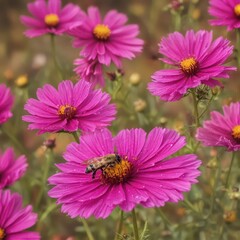 A fuzzy bee gathers pollen from a vibrant magenta cosmos flower in an autumn garden , autumn colors, nature photography, nature