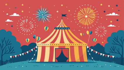 Design a vibrant summer carnival poster featuring a large circus tent, incorporating modern typography and bright color palettes.  Include playful elements and a sense of excitement.