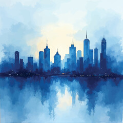 Abstract City Skyline at Dusk Watercolor