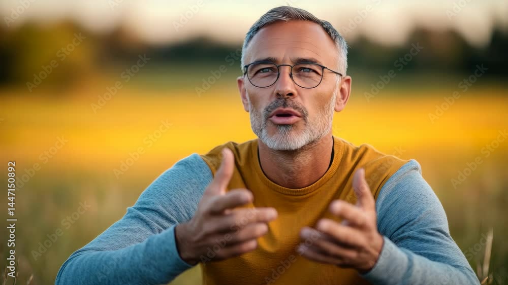 Poster man with glasses is sitting in a field and smiling