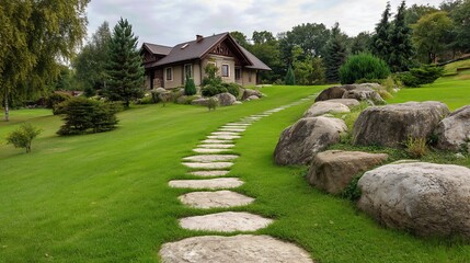 A stone path winds through a lush green lawn leading to a charming country house, showcasing elegant landscaping and architectural harmony.
