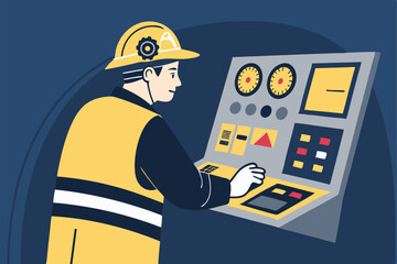 Create a modern vector illustration of a miner operating advanced control panels in a futuristic mine.  Show detailed equipment and a clean, minimalist style.