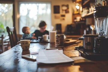 A kitchen counter with coffee brewing and work files open. A parent is trying to read an email while bouncing the baby gently. The feeling is stretched but peaceful 