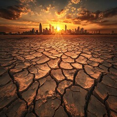 Dry Cracked Earth with City Skyline at Sunset