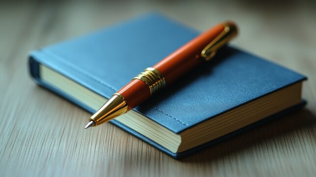 Elegant stationery composition: A vintage pen resting on a small, hardcover journal for creative writing and project planning tasks