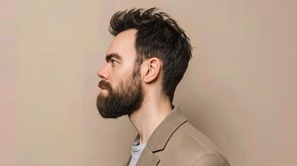 Obraz premium A young man with a well-groomed beard and modern hairstyle poses in profile against a beige background, exuding confidence and style. 