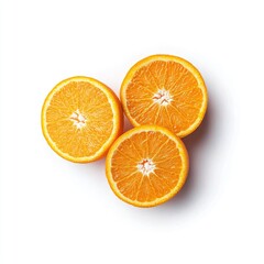 Fresh orange slices  Three citrus halves, vibrant orange pulp, segments visible  Perfect for juice or snack