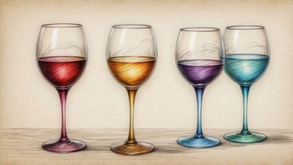 Fototapeta premium Colored Wine Glasses Pencil Sketch Illustration
